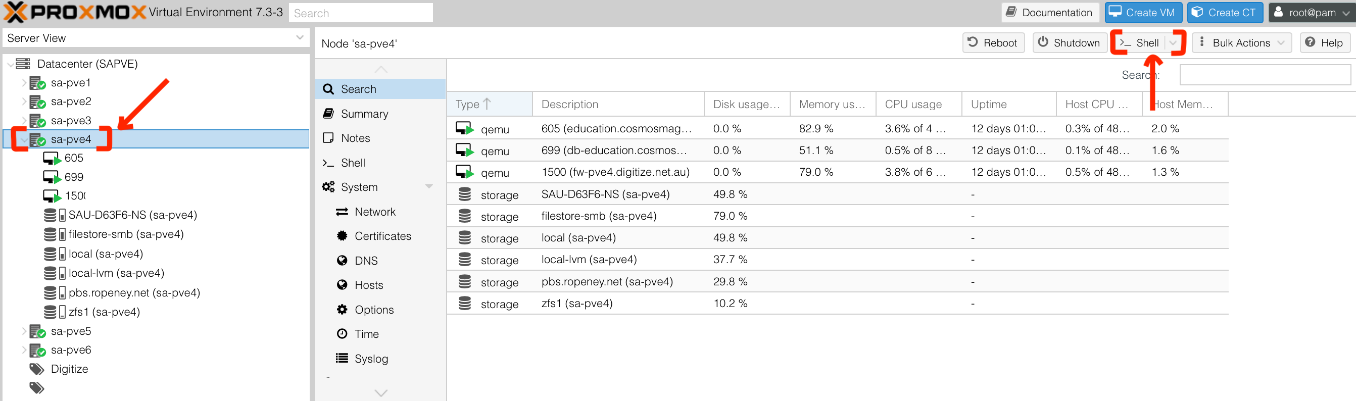 Open the Proxmox shell