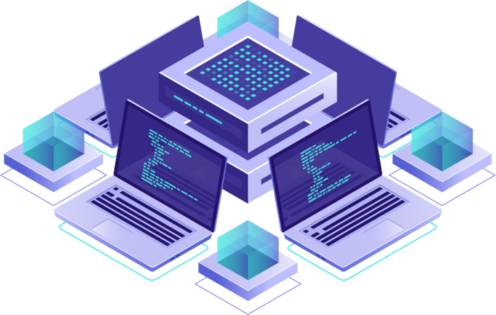 Isometric illustration of four laptops connected to a central server.