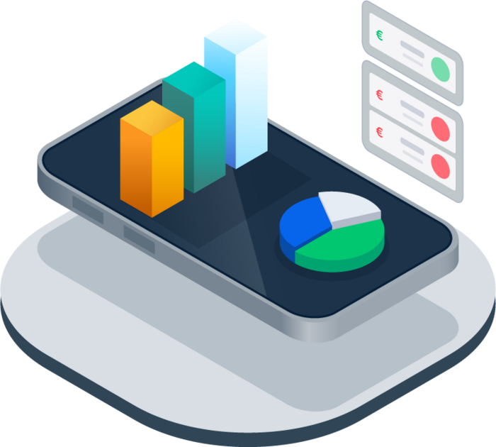 Isometric illustration of a mobile phone showcasing analytical features such as data reports and tranction logs.