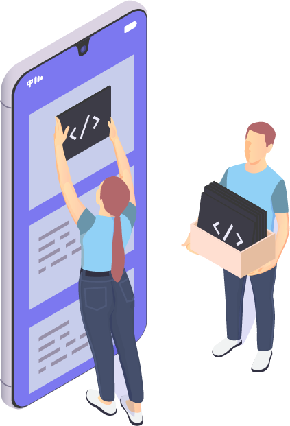 Two people working together to develop a website on a mobile device