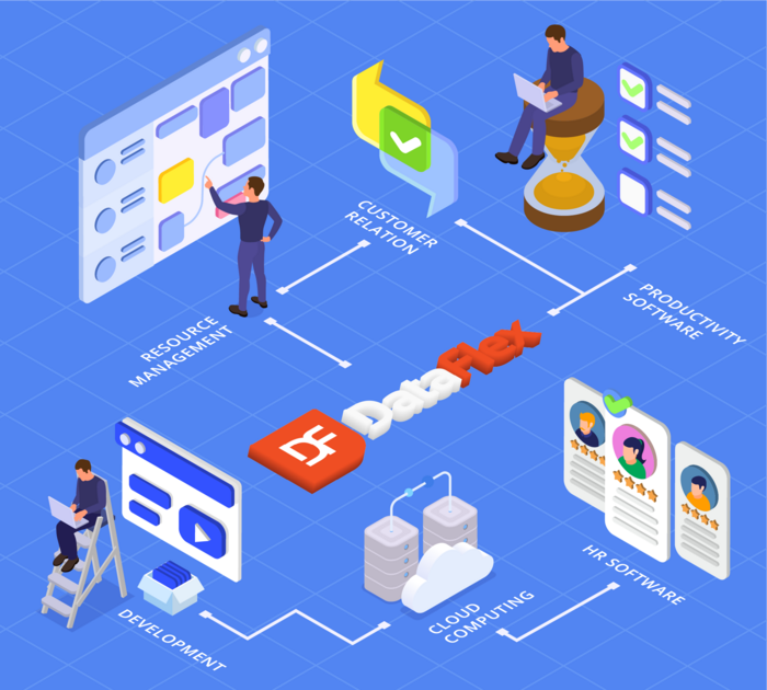 Isometric illustration of DataFlex features with a blueprint-style background.