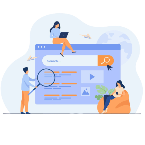 Illustration of a search engine being used by three people, symbolizing different usages.