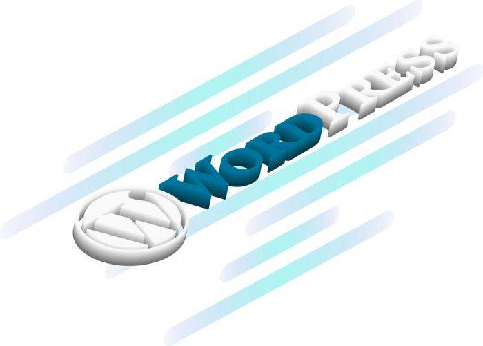 Isometric logo of WordPresss with blurred teal lines in the background.